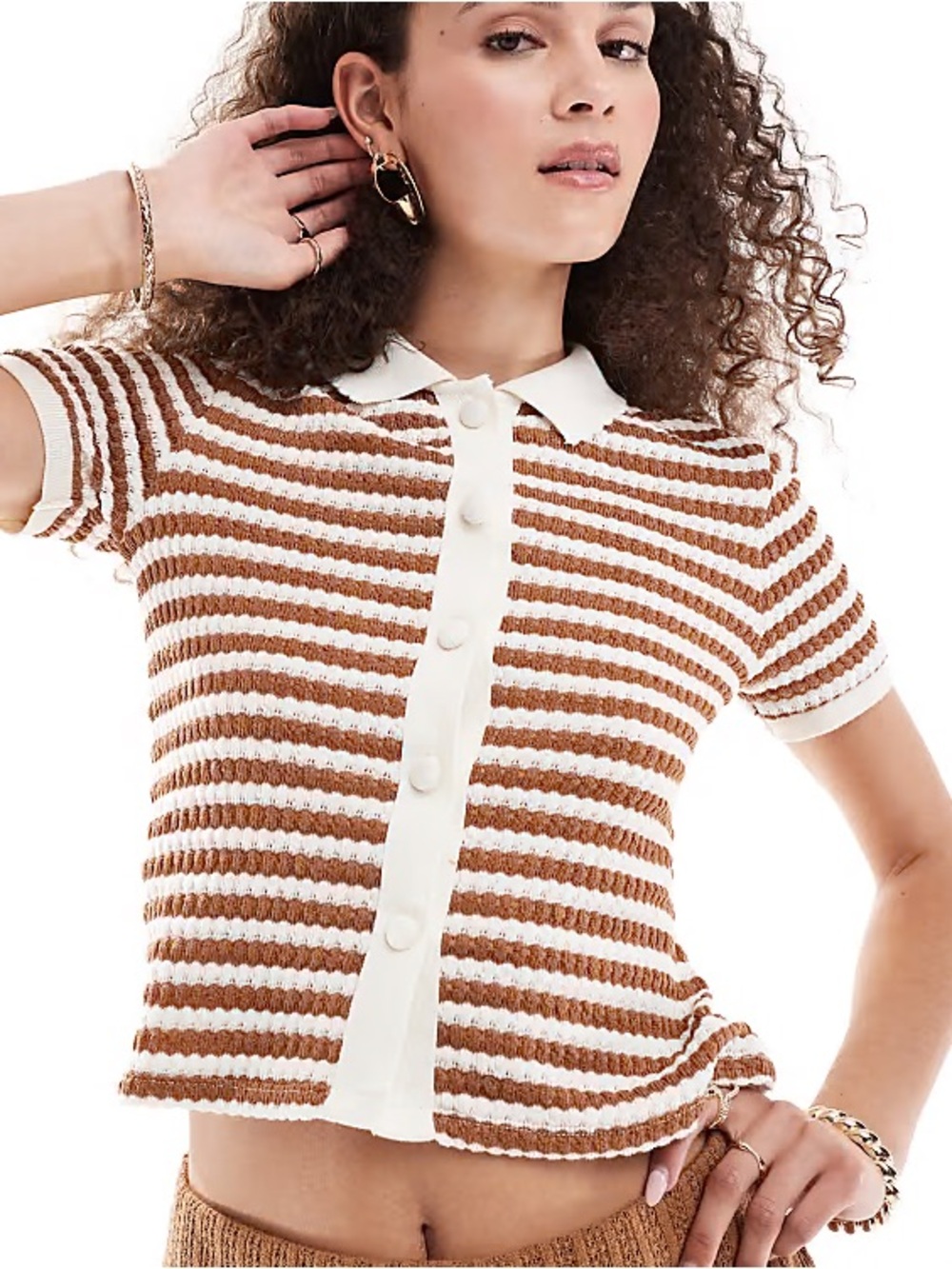 Mango Brown & Cream Striped Knit Polo scalloped neck